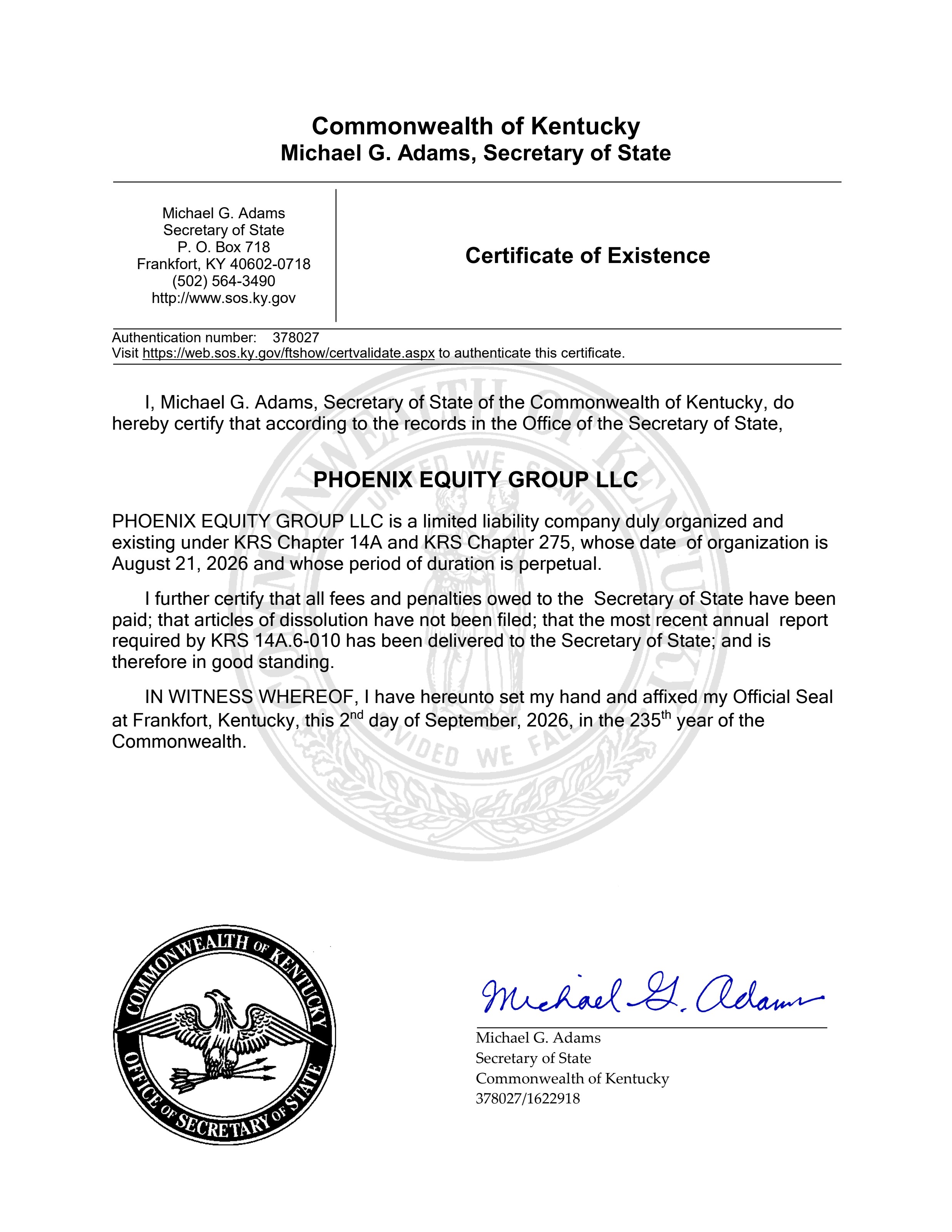 Certificate of Existence for Phoenix Equity Group LLC
